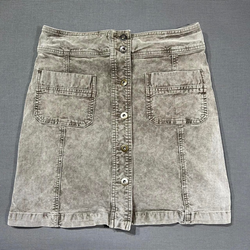 Prana Corduroy Button Front Mini Skirt Khaki Brown A-Line Utility Pockets 28"